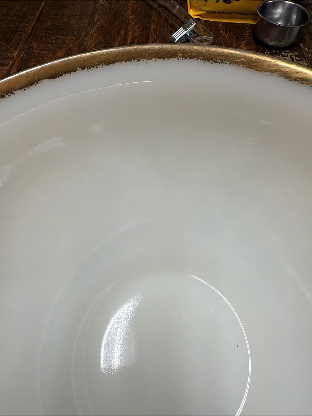 Vintage Anchor Hocking Ivory Embossed Glass Punch Bowl with Gold Rim 5”X 10”